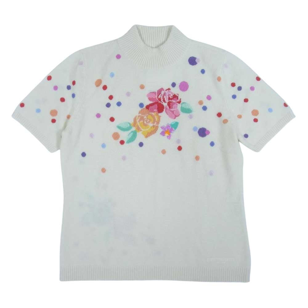LEONARD レオナール SPORT スポーツ フラワー 刺繍 ビーズ 半袖 ハイネック カシミヤ混 ニット オフホワイト系 40【中古】