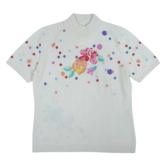 LEONARD レオナール SPORT スポーツ フラワー 刺繍 ビーズ 半袖 ハイネック カシミヤ混 ニット オフホワイト系 40【中古】