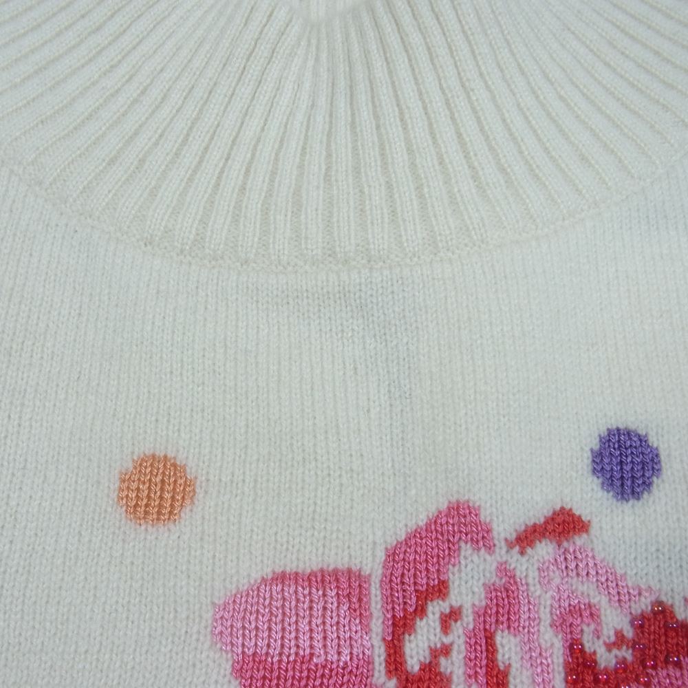 LEONARD レオナール SPORT スポーツ フラワー 刺繍 ビーズ 半袖 ハイネック カシミヤ混 ニット オフホワイト系 40【中古】