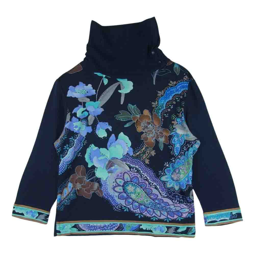 LEONARD レオナール 0327901 FASHION ファッション フラワープリント ラインストーン カシミヤ100％ 切替 ニット カットソー ダークネイビー系 M【中古】