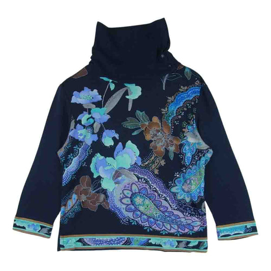 LEONARD レオナール 0327901 FASHION ファッション フラワープリント ラインストーン カシミヤ100％ 切替 ニット カットソー ダークネイビー系 M【中古】