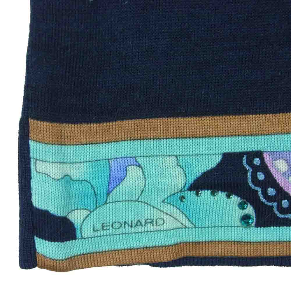 LEONARD レオナール 0327901 FASHION ファッション フラワープリント ラインストーン カシミヤ100％ 切替 ニット カットソー ダークネイビー系 M【中古】