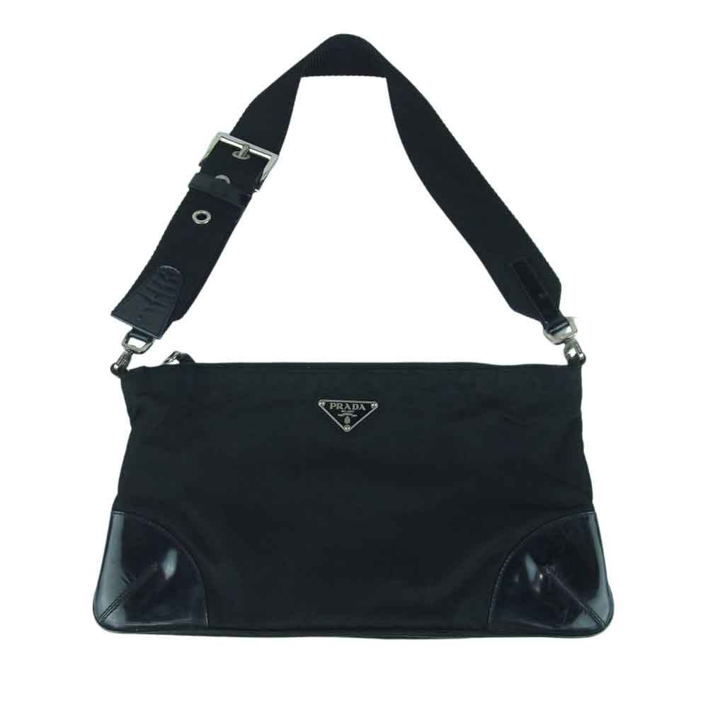 PRADA プラダ ロゴプレート ナイロン レザー トート バッグ ブラック系【中古】