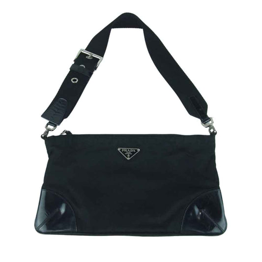 PRADA プラダ ロゴプレート ナイロン レザー トート バッグ ブラック系【中古】