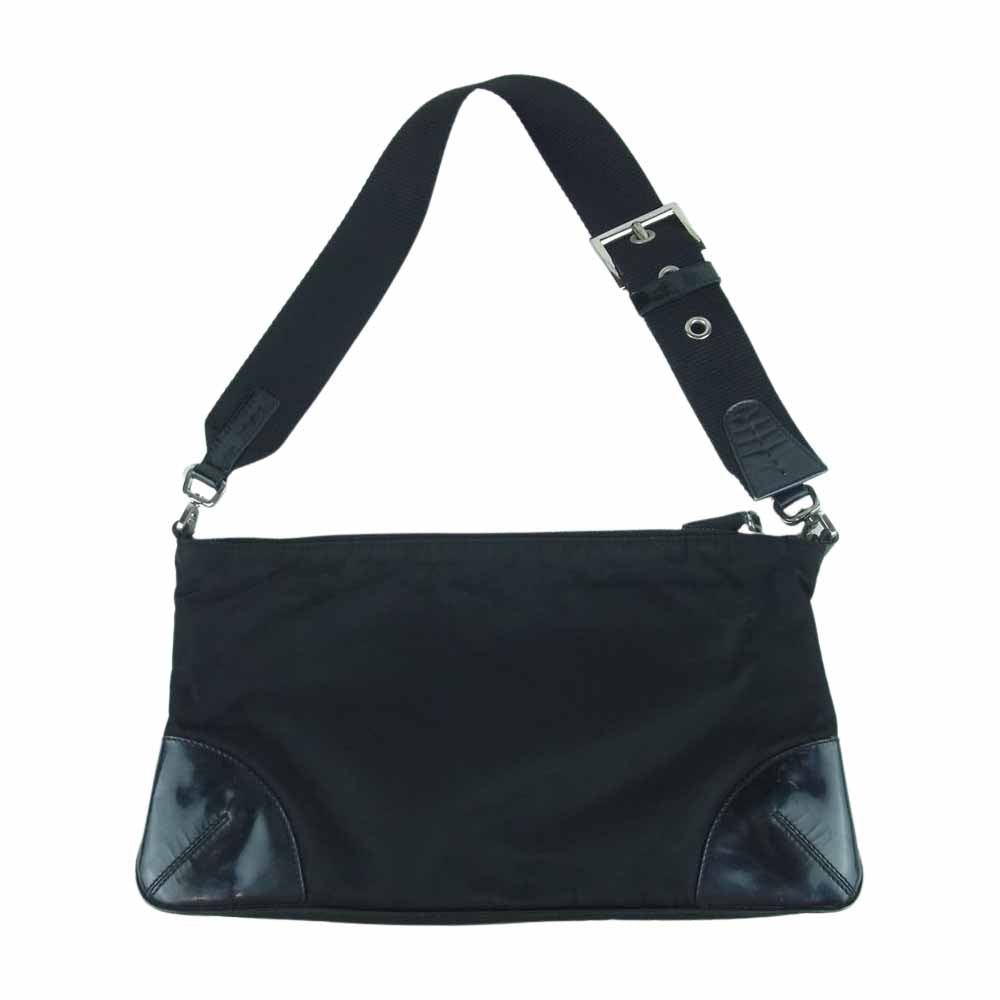 PRADA プラダ ロゴプレート ナイロン レザー トート バッグ ブラック系【中古】