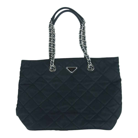 PRADA プラダ ナイロン キルティング チェーン トート バッグ シルバー金具 ルーマニア製 ブラック系【中古】