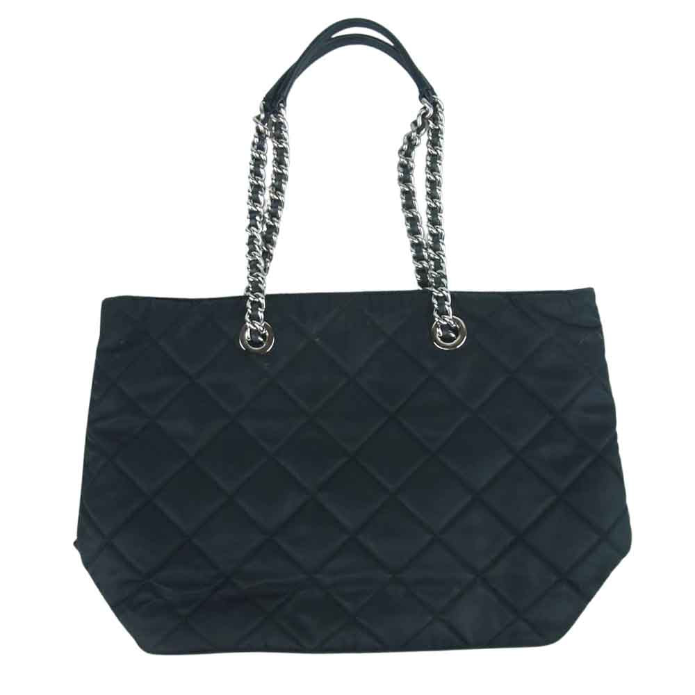 PRADA プラダ ナイロン キルティング チェーン トート バッグ シルバー金具 ルーマニア製 ブラック系【中古】