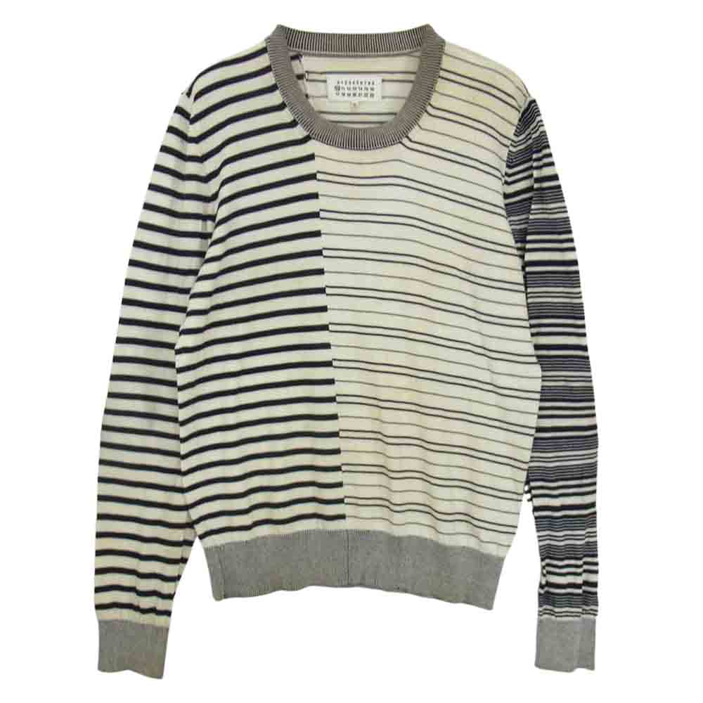MAISON MARGIELA メゾンマルジェラ 15SS  10ライン レザー エルボーパッチ マルチボーダー コットン ニット ブラック系 ホワイト系 M【中古】