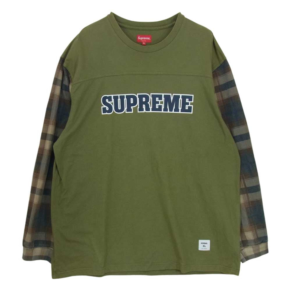 Supreme シュプリーム 21AW Plaid Sleeve L/S Top プレイド スリーブ 袖 チェック 切替 ロゴ プリント 長袖 Tシャツ カーキ系 XL【中古】