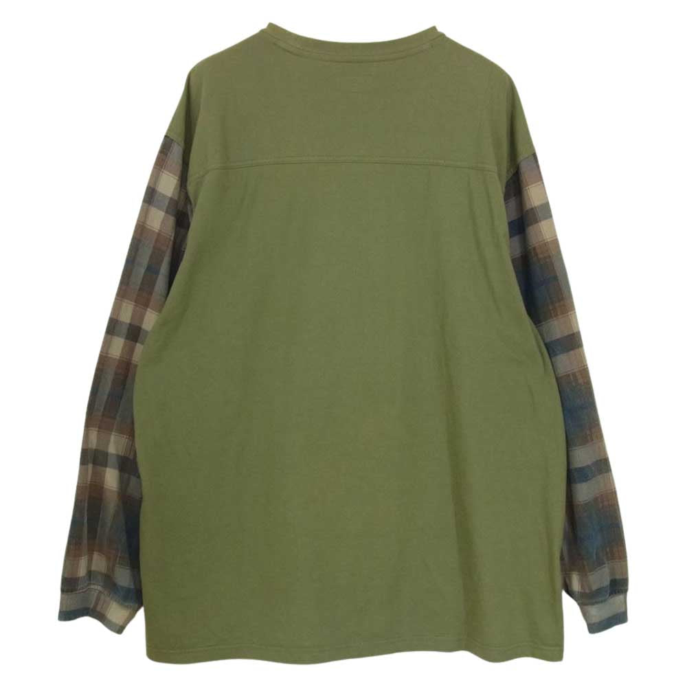 Supreme シュプリーム 21AW Plaid Sleeve L/S Top プレイド スリーブ 袖 チェック 切替 ロゴ プリント 長袖 Tシャツ カーキ系 XL【中古】
