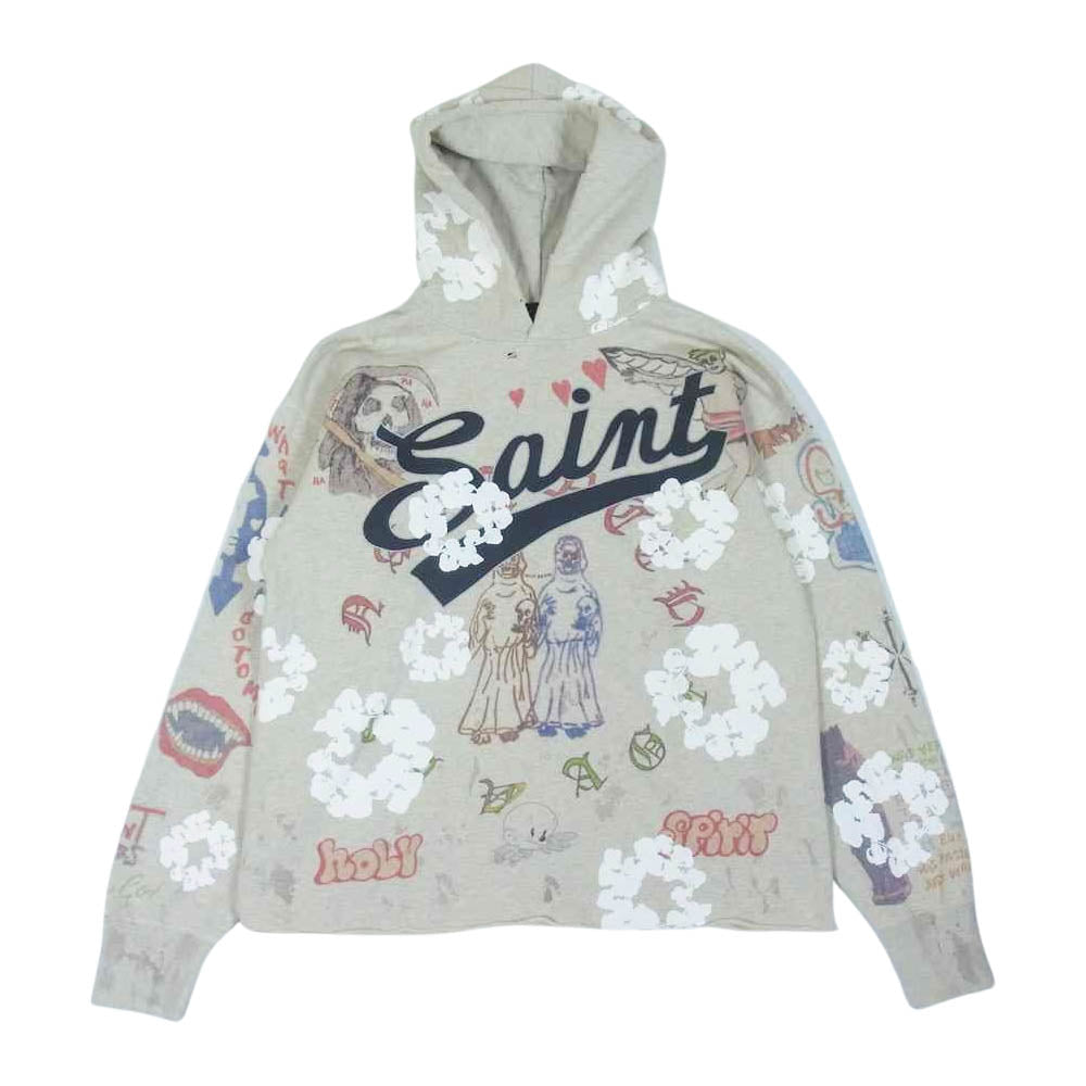 セントマイケル 22SS SM-S22-0000-83 未使用品 DENIM TEARS HOODIE デニムティアーズ 総柄 ペイント プルオーバー フーディ グレー系 L【極上美品】【中古】