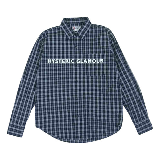 HYSTERIC GLAMOUR ヒステリックグラマー 0221AH04 ロゴプリント ナンバリング ナンバー 5 チェック 長袖 シャツ ブラック系 ホワイト系 S【美品】【中古】