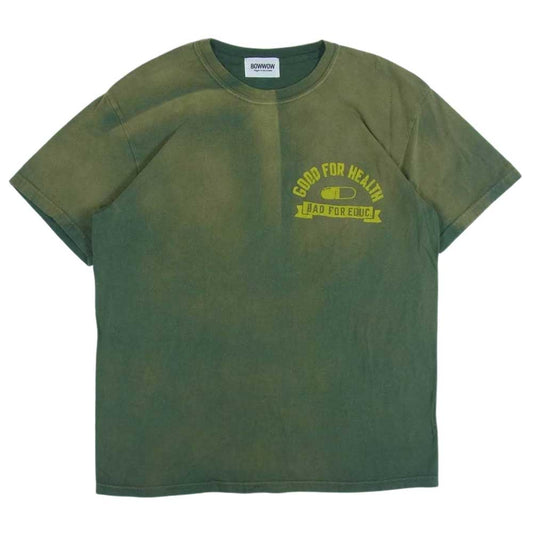 バウワウ 健康優良不良少年 TEE 日焼け加工 プリント 半袖 Tシャツ グリーン系 イエロー系 L【中古】