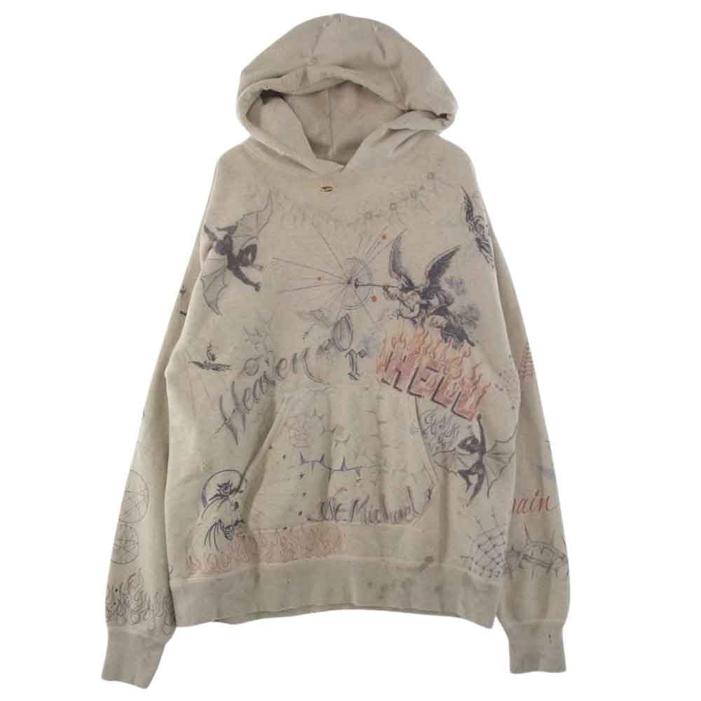 セント マイケル SM-A21-0000-056  HOODIE DR.WOO ドクターウー 総柄 パーカーフーディ スウェット  ホワイト系 ベージュ系 XL【中古】