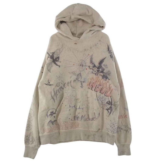 セント マイケル SM-A21-0000-056  HOODIE DR.WOO ドクターウー 総柄 パーカーフーディ スウェット  ホワイト系 ベージュ系 XL【中古】