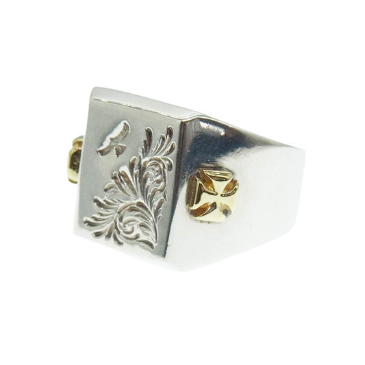 TRAVIS WALKER トラヴィスワーカー 鷲見太郎 ギャラ付 Canvas Ring 18K Outlow Cross×2 w/arabesque 金アウトロークロス アラベスク 印台 リング シルバー系【美品】【中古】