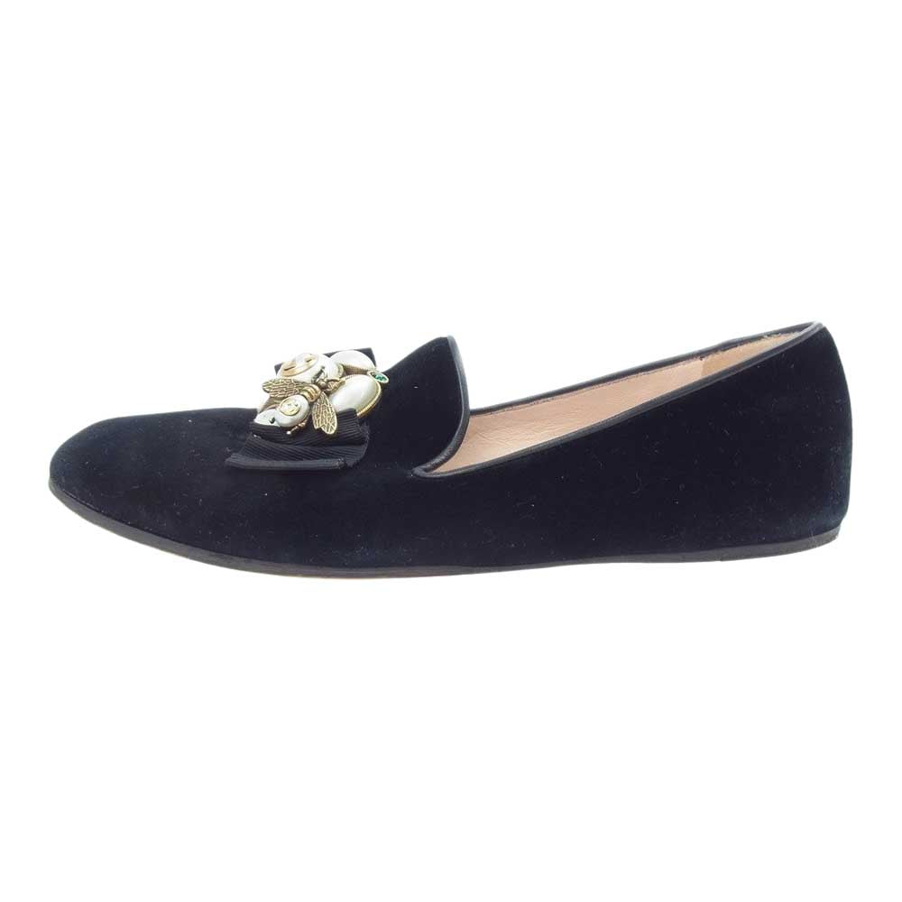GUCCI グッチ 474491 バレリーナ ベロア パール フラットシューズ ブラック系【中古】