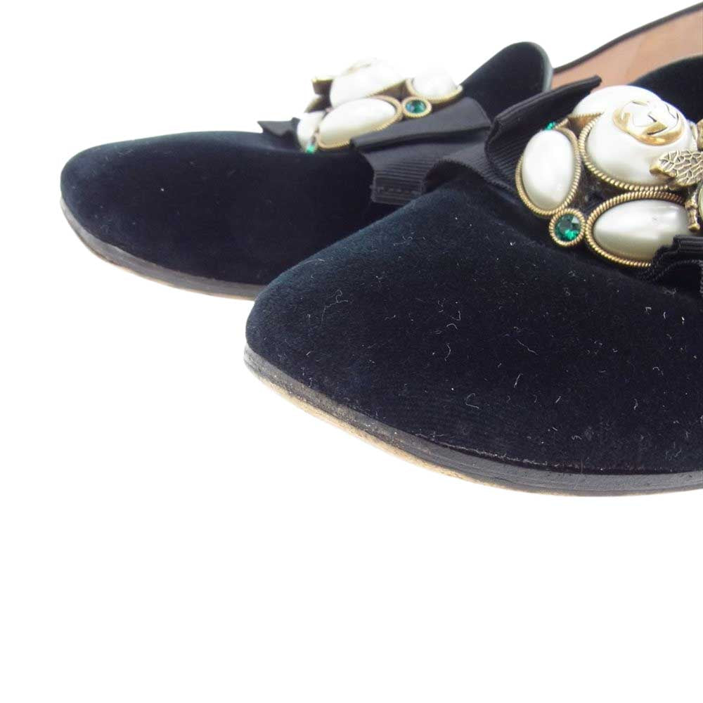 GUCCI グッチ 474491 バレリーナ ベロア パール フラットシューズ ブラック系【中古】