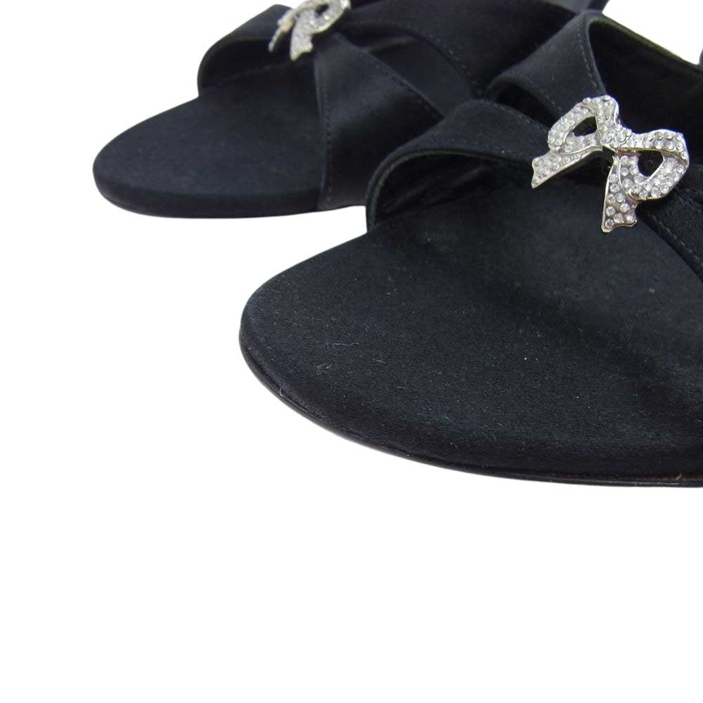 VALENTINO ヴァレンティノ ラインストーン リボン アンクルストラップ サンダル ブラック系 38【中古】