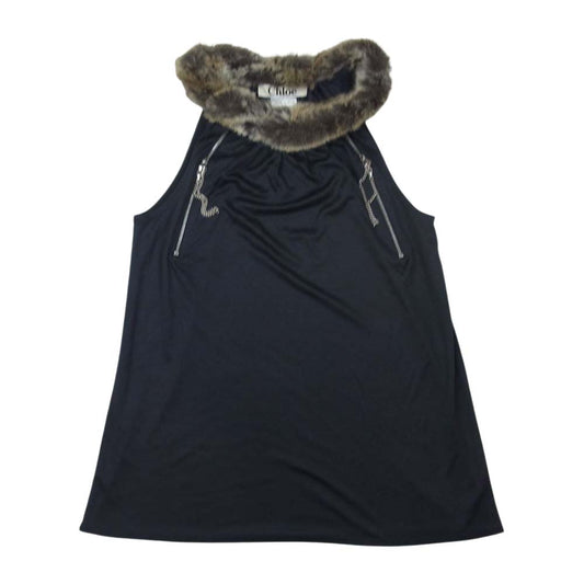 Chloe クロエ フランス製 シルク100％ フェイクファーファー ファスナー ノースリーブ トップス ブラック系 XS【中古】