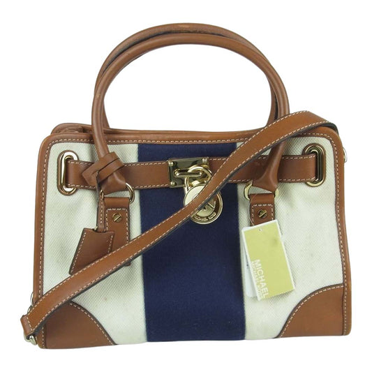 Michael Kors マイケルコース LARGE HAMILTON STRIPED CANVAS TOTE ラージ ハミルトン チェーン ショルダー バッグ キャンバス レザー オフホワイト系 ブラウン系 ネイビー系【中古】