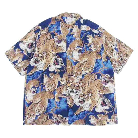 東洋エンタープライズ SS38201 SUN SURF サンサーフ SPECIAL EDITION S/S RAYON HAWAIIAN SHIRT ONE HUNDRED TIGERS 百虎 ネイビー系 L【極上美品】【中古】