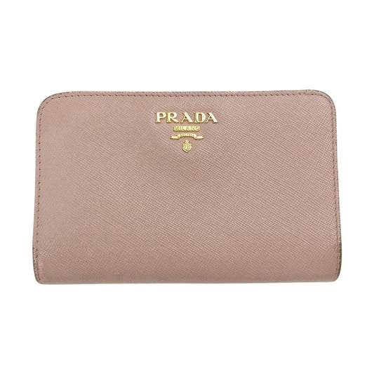 PRADA プラダ メタルロゴ 二つ折り レザー 財布 ピンク系【中古】