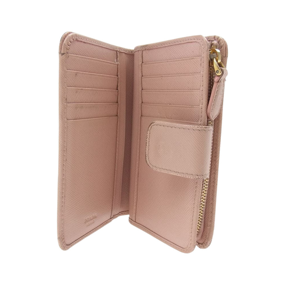 PRADA プラダ メタルロゴ 二つ折り レザー 財布 ピンク系【中古】