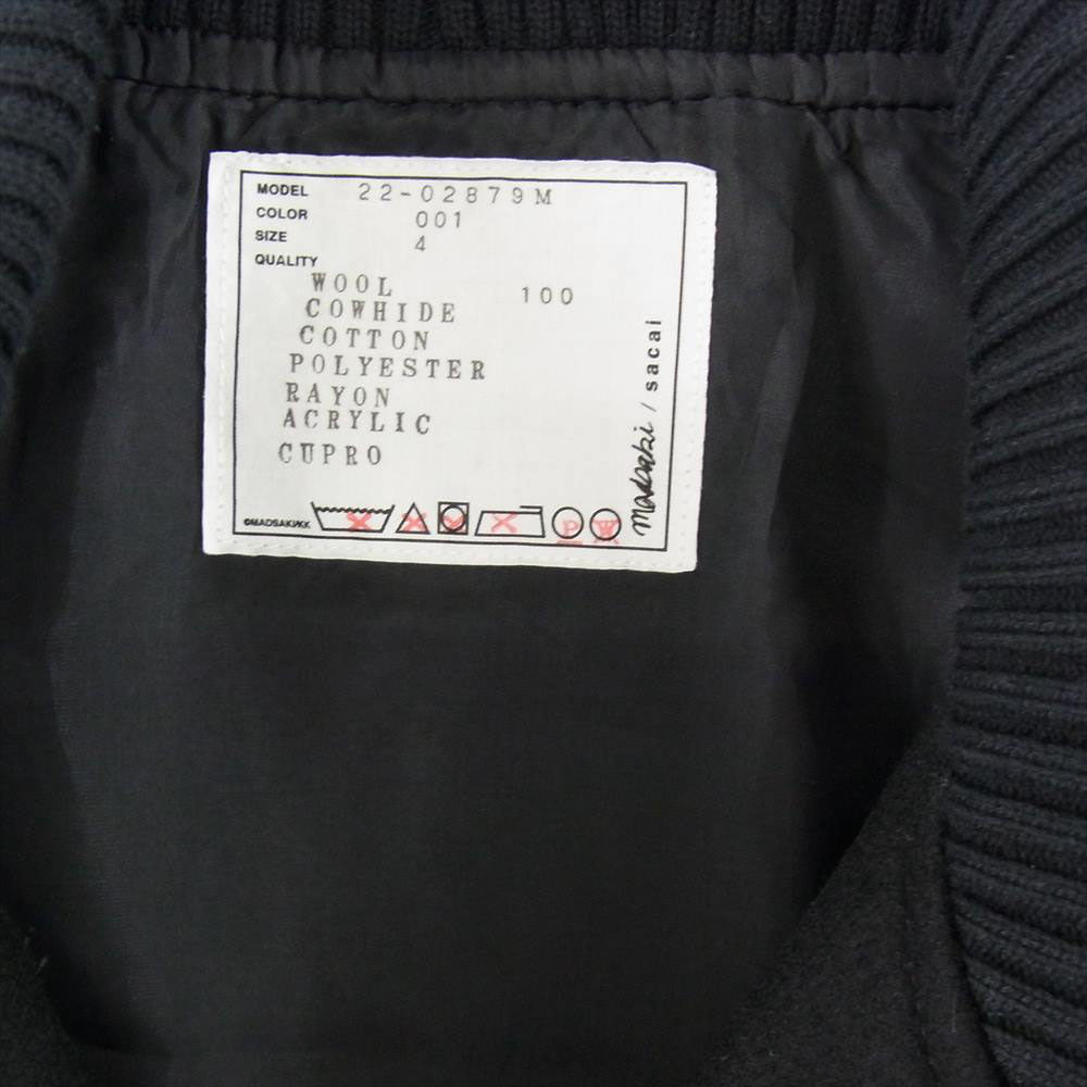 Sacai サカイ × MADSAKI 22AW 22-02879M WOOL MELTON BLOUSON 袖レザー切替 スローガン ウールメルトン ブルゾン ボンバージャケット ブラック系 4【美品】【中古】