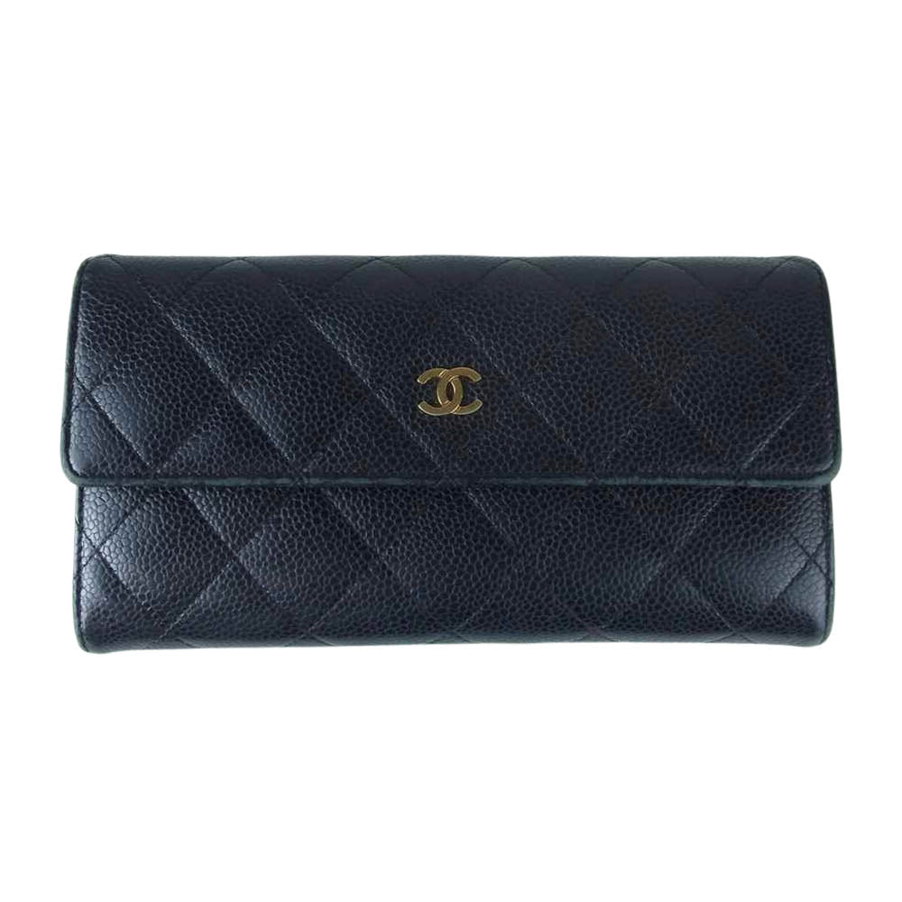 CHANEL シャネル マトラッセ キャビアスキン 二つ折り 長財布 ゴールド金具 ブラック系【中古】
