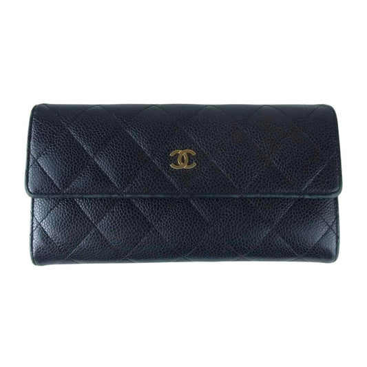CHANEL シャネル マトラッセ キャビアスキン 二つ折り 長財布 ゴールド金具 ブラック系【中古】