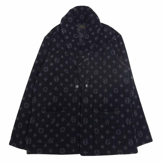 BY GLADHAND バイグラッドハンド 18SS BYGH-18-SS-01 FAMILY CREST SMOKING JACKET ロゴ 総柄 ファミリー クレスト スモーキング ジャケット ブラック系 XL【中古】