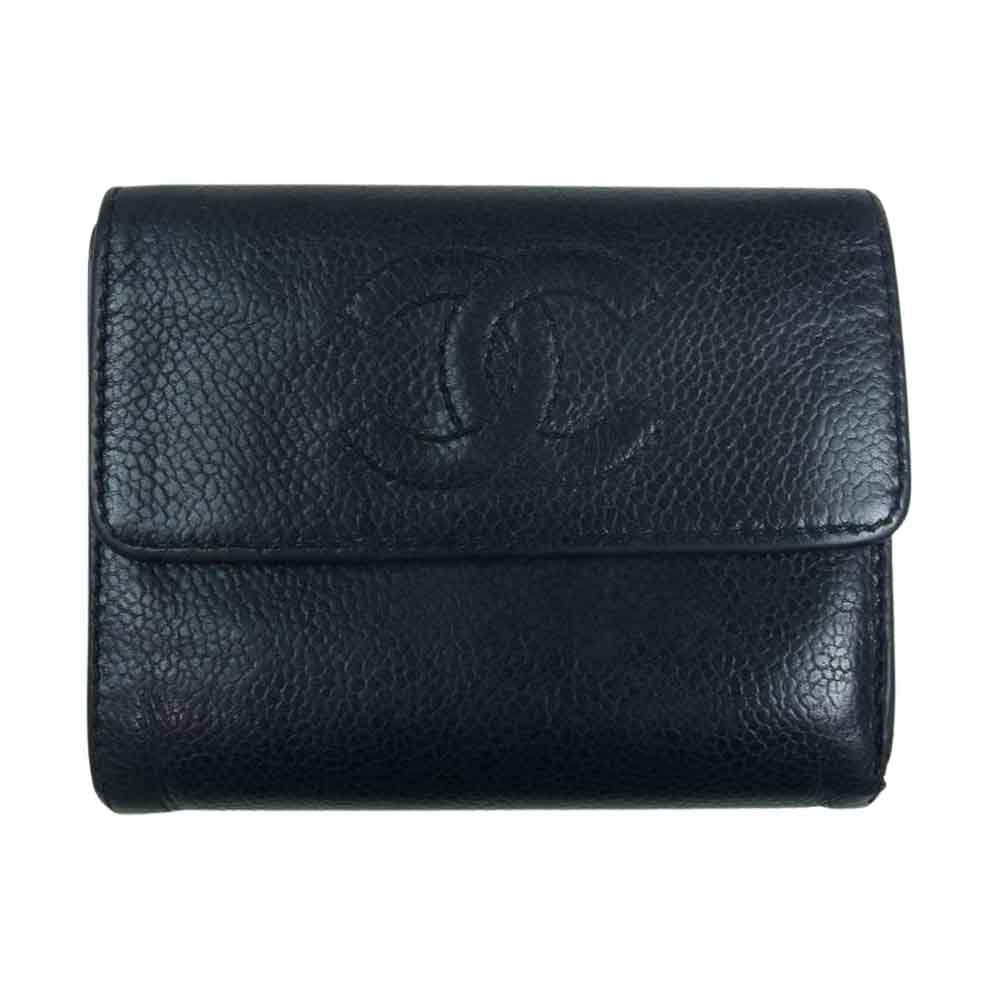 CHANEL シャネル ココマーク キャビアスキン 三つ折り財布 レザー ウォレット ブラック系【中古】