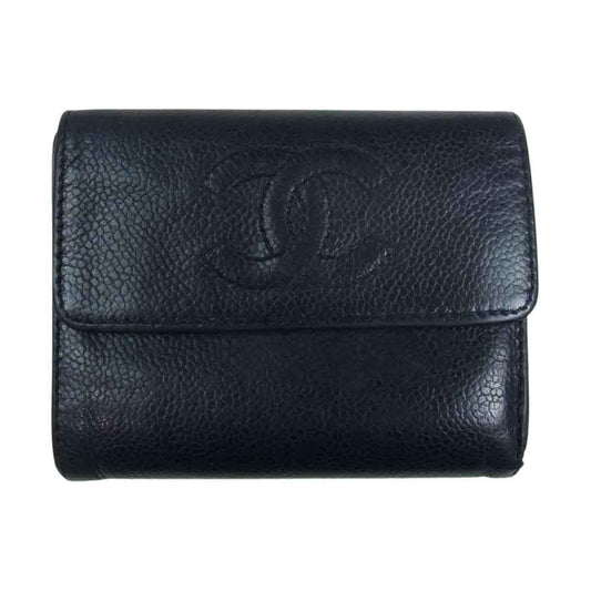 CHANEL シャネル ココマーク キャビアスキン 三つ折り財布 レザー ウォレット ブラック系【中古】
