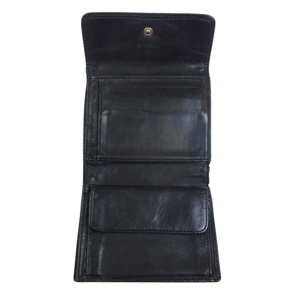 CHANEL シャネル ココマーク キャビアスキン 三つ折り財布 レザー ウォレット ブラック系【中古】