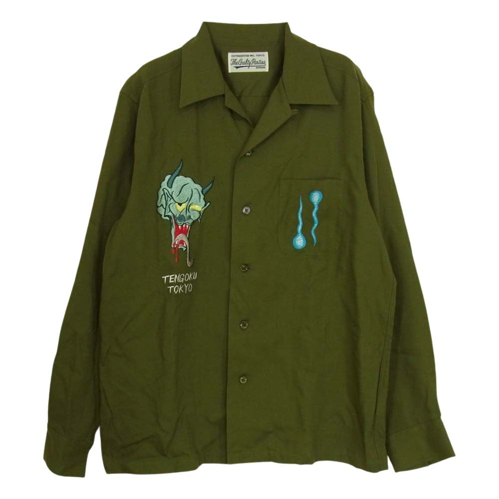 WACKO MARIA ワコマリア 16AW × WOLF’S HEAD ウルフズヘッド 鬼面 魂 オープンカラー 長袖 シャツ モスグリーン系 M【中古】