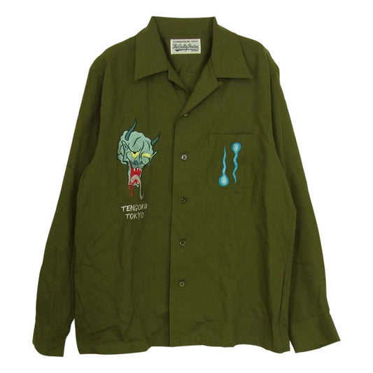 WACKO MARIA ワコマリア 16AW × WOLF’S HEAD ウルフズヘッド 鬼面 魂 オープンカラー 長袖 シャツ モスグリーン系 M【中古】