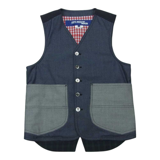 JUNYA WATANABE COMME des GARCONS MAN ジュンヤワタナベコムデギャルソンマン AD2009 WE-V001 裏地チェック柄 デニム リバーシブル ベスト インディゴブルー系 グリーン系 レッド系 XS【中古】