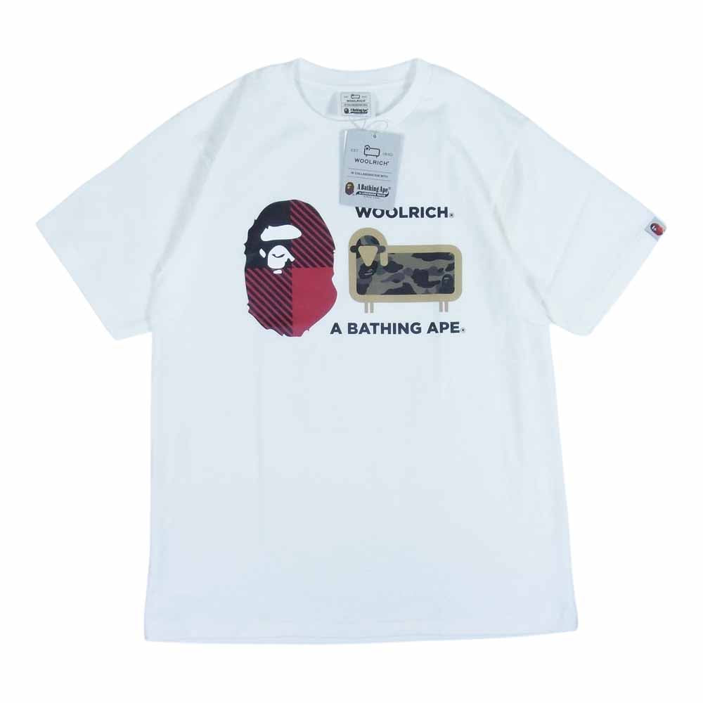 A BATHING APE アベイシングエイプ × Woolrich ウールリッチ 半袖 ロゴ プリント Tシャツ ホワイト系 M【新古品】【未使用】【中古】