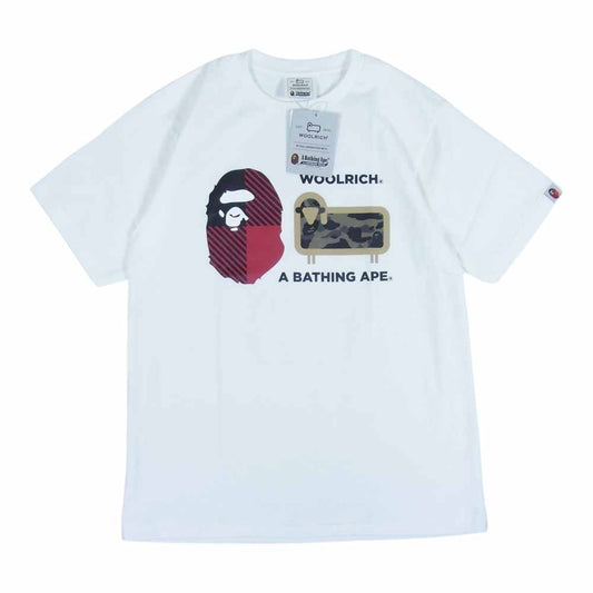 A BATHING APE アベイシングエイプ × Woolrich ウールリッチ 半袖 ロゴ プリント Tシャツ ホワイト系 M【新古品】【未使用】【中古】