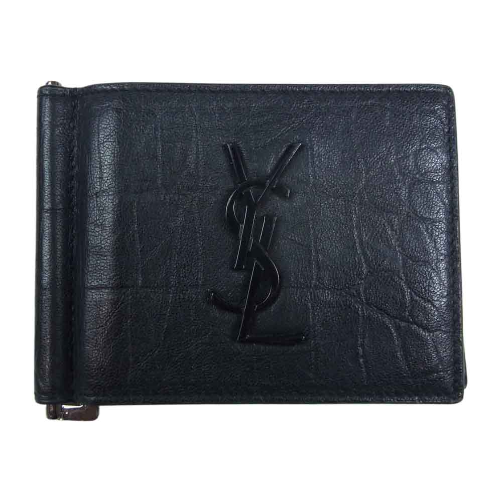 SAINT LAURENT サンローラン クロコ 型押し 札入れ マネークリップ カードケース ブラック系【中古】
