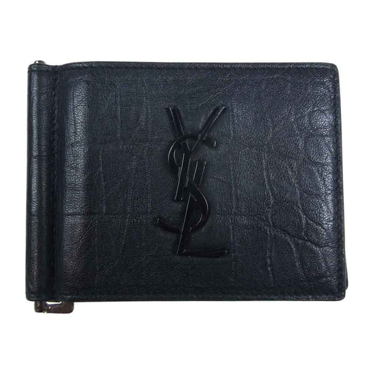 SAINT LAURENT サンローラン クロコ 型押し 札入れ マネークリップ カードケース ブラック系【中古】