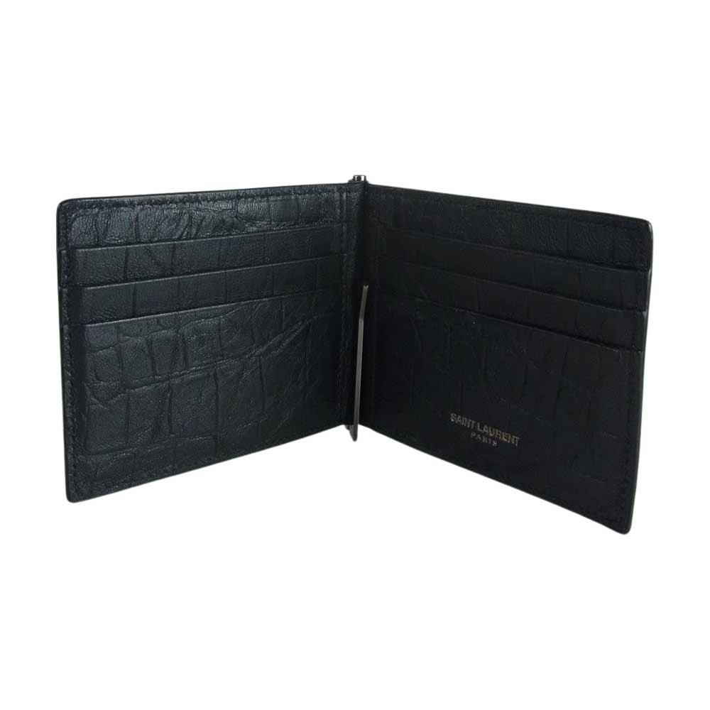 SAINT LAURENT サンローラン クロコ 型押し 札入れ マネークリップ カードケース ブラック系【中古】