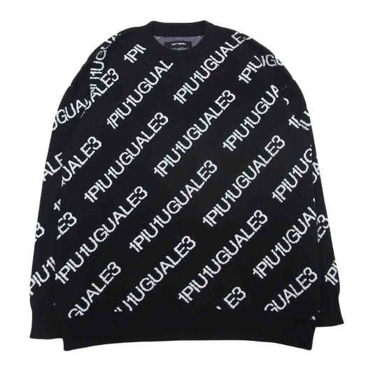 1piu1uguale3 ウノピュウノウグァーレトレ 22SS MRK230 CTT010 113 DROP SHOULDER CREW ダブルジャガード バイアスロゴ総柄 ドロップショルダー クルーネック ニット セーター ブラック系 3【中古】