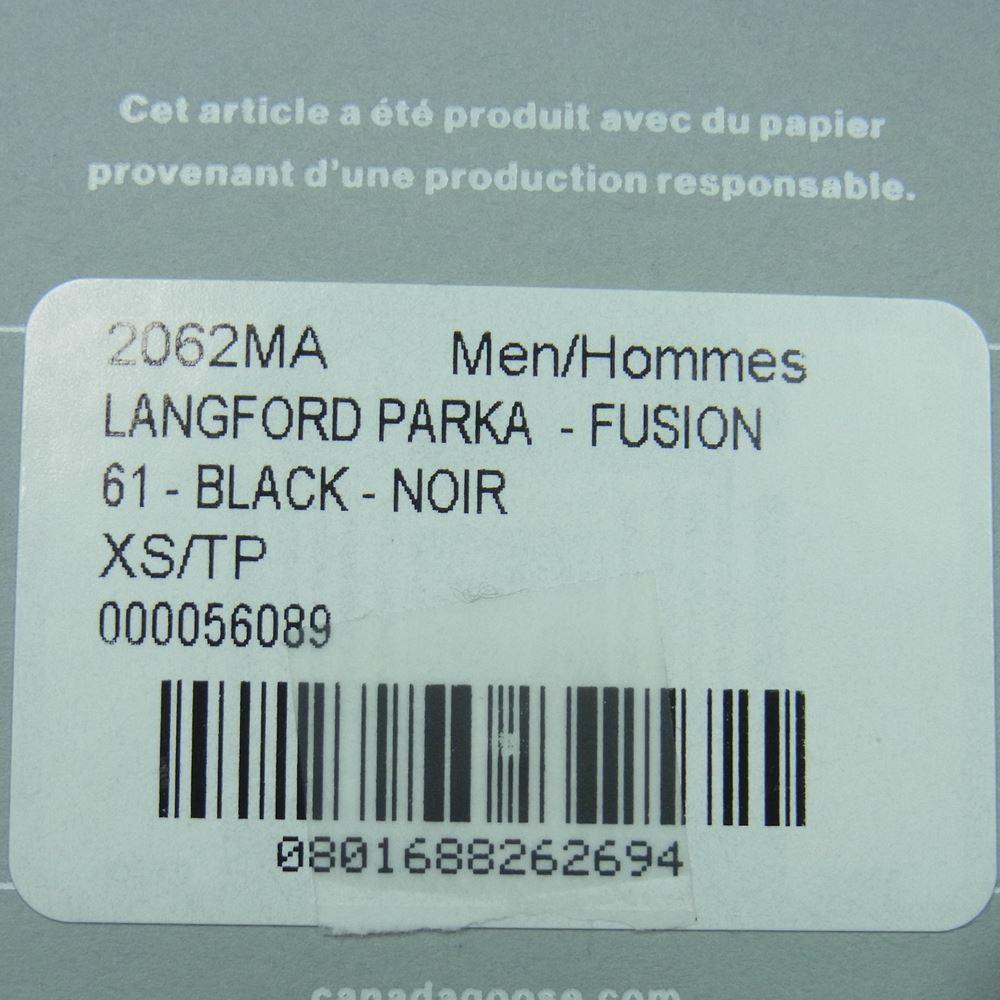 CANADA GOOSE カナダグース 2062MA 国内正規品 サザビーリーグ Langford Parka Fusion Fit ラングフォード パーカ フュージョン フィット ダウン ジャケット ブラック系 XS【新古品】【未使用】【中古】