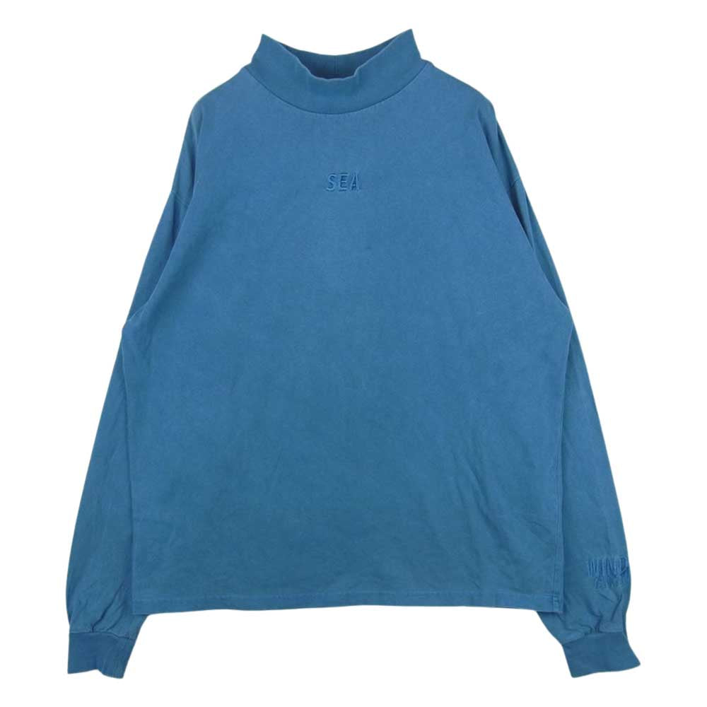 WIND AND SEA ウィンダンシー WDS-10TH-CS-08 モックネック ロゴ 刺繍 長袖 Tシャツ グレイッシュライトブルー系 M【中古】