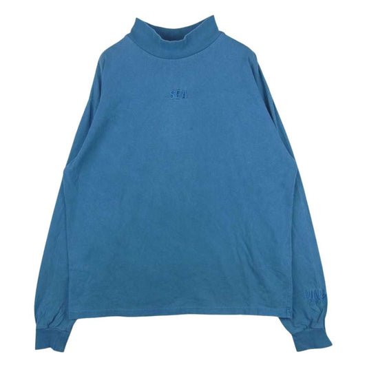 WIND AND SEA ウィンダンシー WDS-10TH-CS-08 モックネック ロゴ 刺繍 長袖 Tシャツ グレイッシュライトブルー系 M【中古】
