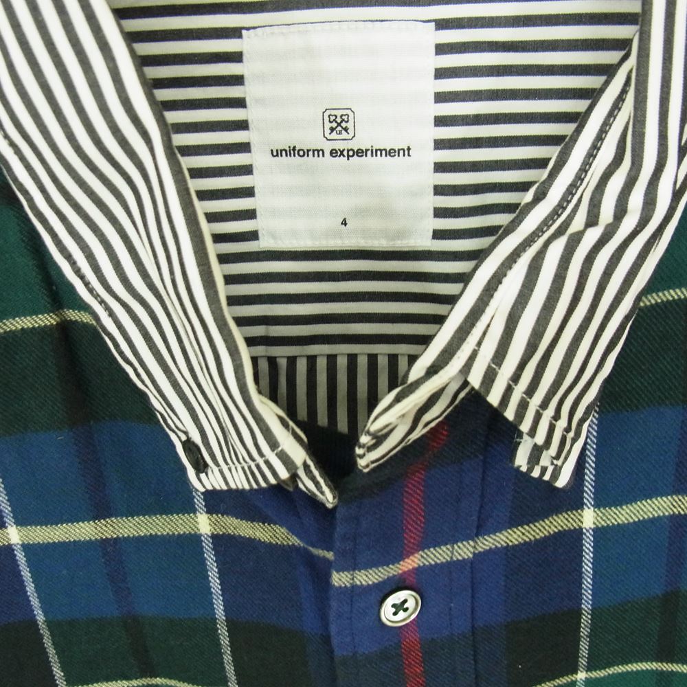 uniform experiment ユニフォームエクスペリメント UE-134032 ボタンダウン 切替 チェック ストライプ 長袖 シャツ ネイビー系 4【中古】