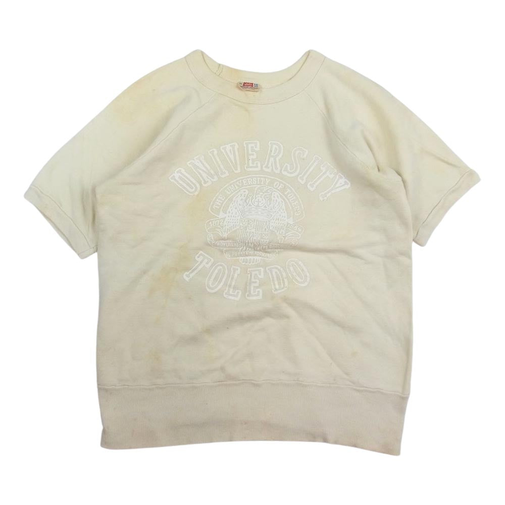 ヘインズ 50S~60s BREEZE SHIELD タグ UNIVERSITY TOLEDO カレッジ ロゴ プリント ラグラン 半袖 スウェット トレーナー ベージュ系 M【中古】