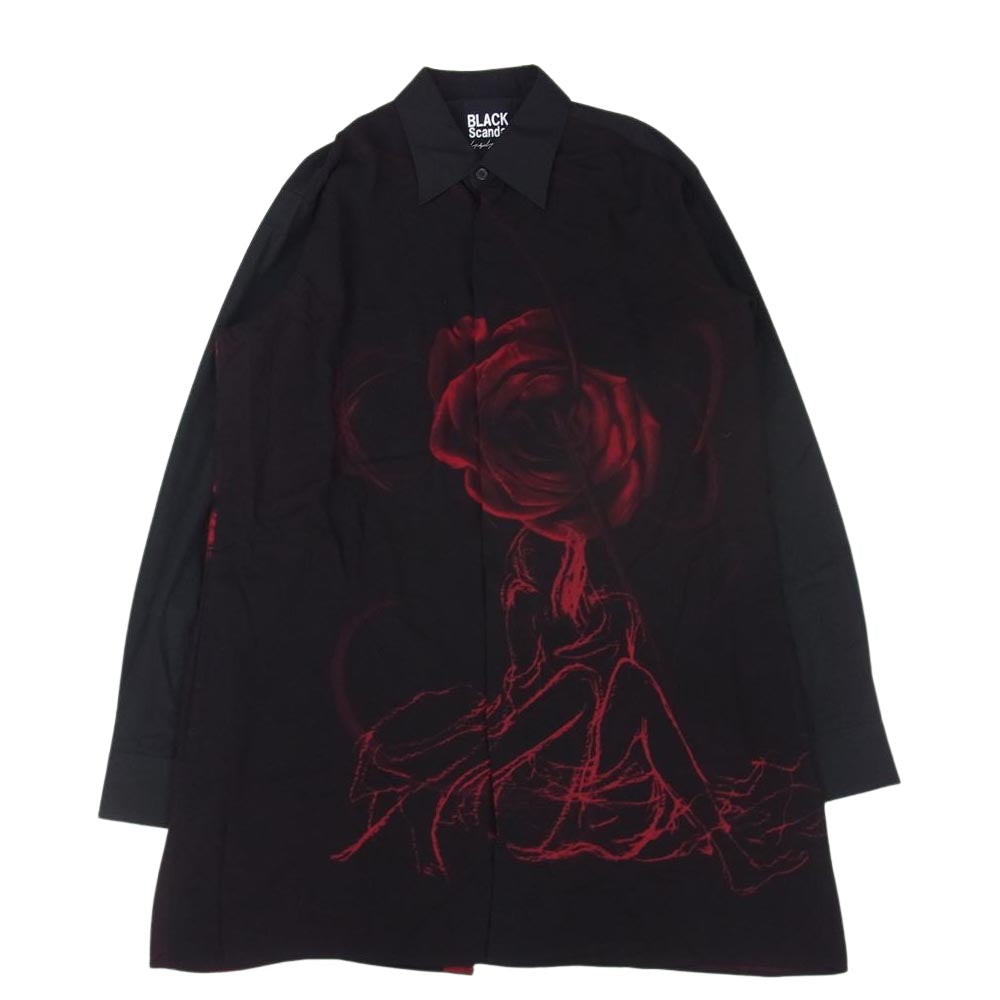 Yohji Yamamoto ヨウジヤマモト BLACK SCANDAL 19SS HH-B84-811 Back Opening Print Shirt ブラックスキャンダル 薔薇プリント バックオープン レーヨン ロング シャツ ブラック系 3【中古】